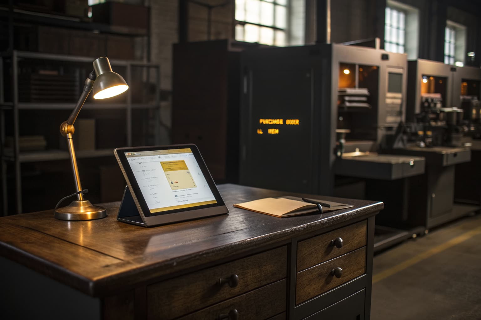 A tablet on a dark wood desk shows a purchase order line item awaiting approval, lit by a warm gold desk lamp with a factory floor blurred in the background.