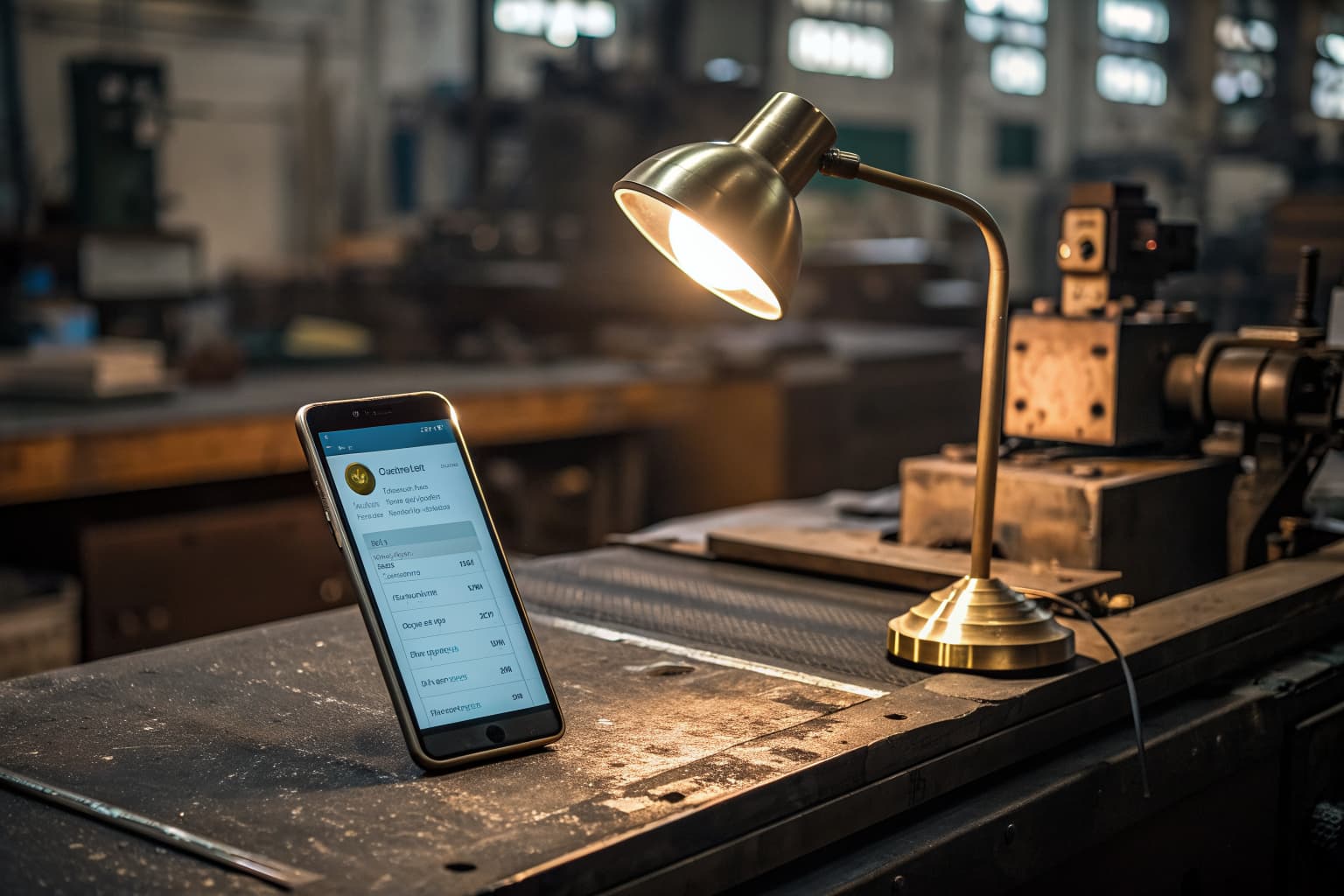 A smartphone glowing with a blurred messaging screen sits on a worn metal workbench, lit by a warm brass desk lamp with dark, blurred CNC machinery behind it.