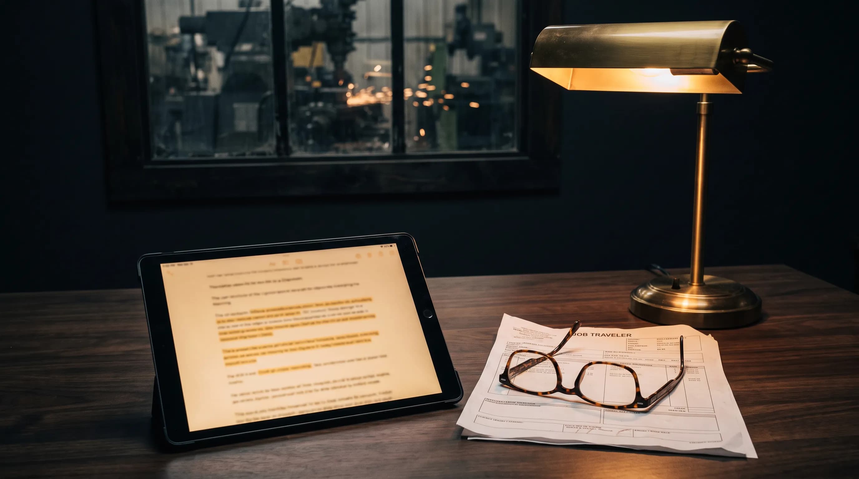 A tablet showing a page of highlighted meeting notes sits beside a printed job traveler and a pair of reading glasses on a dark wood desk, lit by a brass lamp with a machine shop blurred in the window behind.