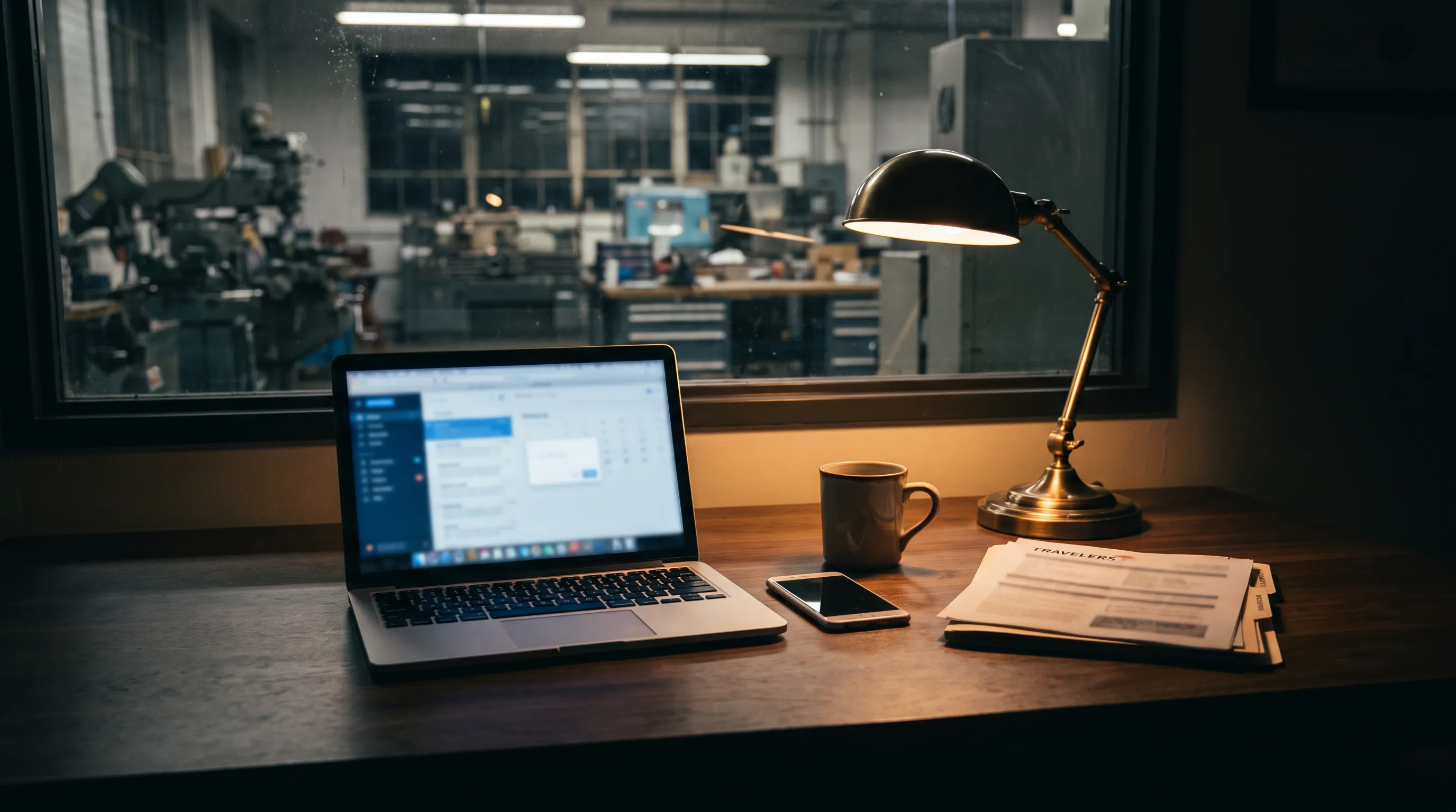 A laptop on a dark walnut desk shows a blurred inbox and calendar beside a mug and printed travelers, lit by warm brass light with a shop floor softly out of focus behind a window.