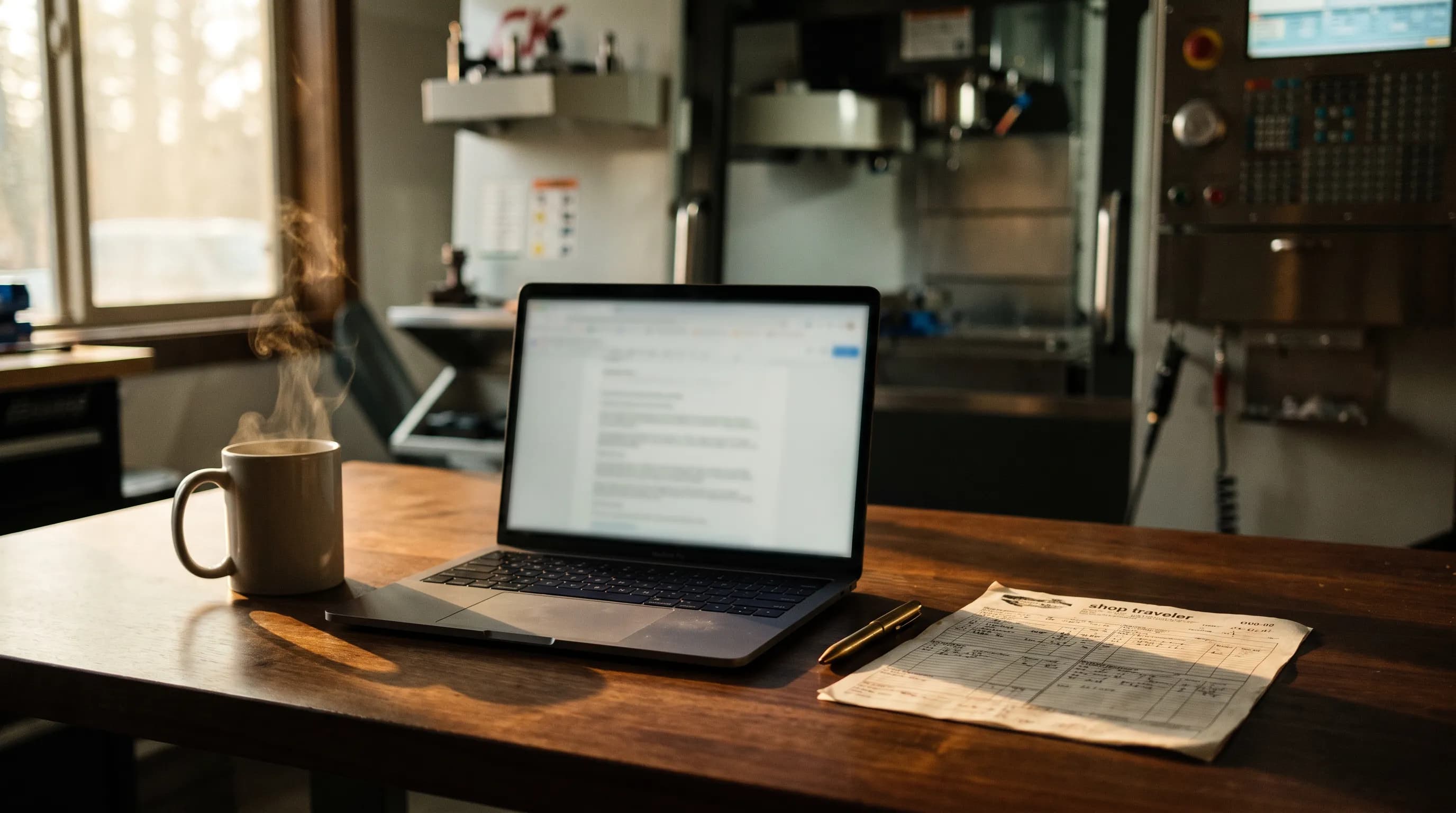 A steaming coffee mug beside a laptop on a dark walnut desk, a printed traveler and brass pen next to it, with a CNC machine out of focus behind in warm brass light.