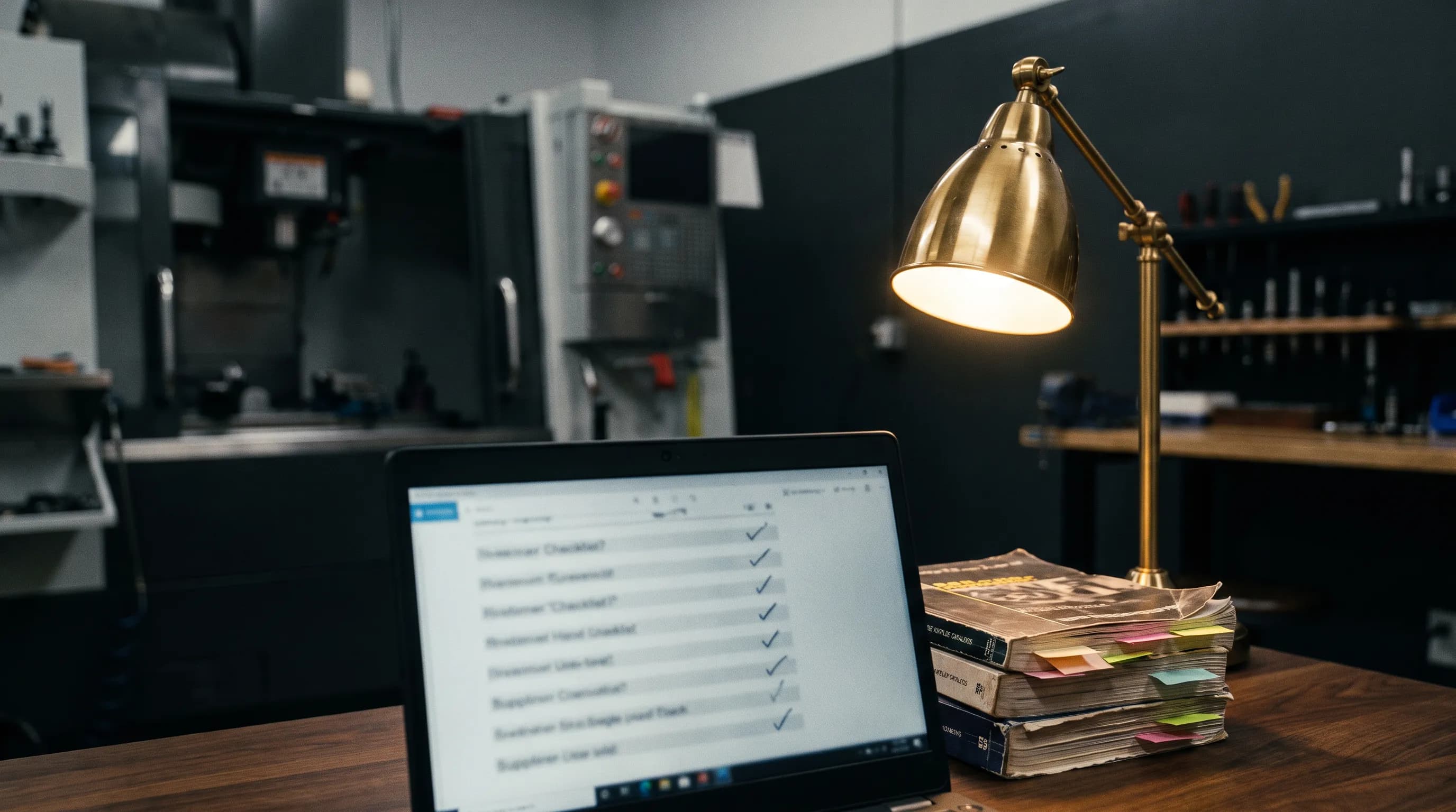 A laptop showing a tidy checklist sits on a dark walnut desk beside stacked supplier catalogs with sticky tabs, lit by a brass lamp with a CNC machine blurred behind.
