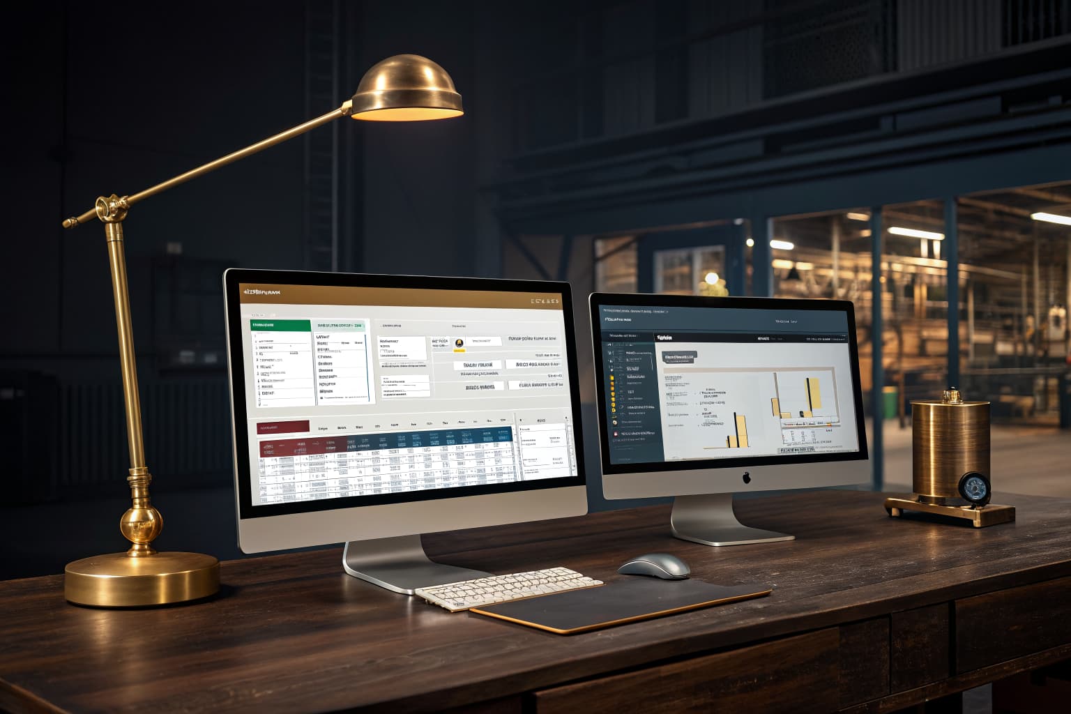 Two monitors on a dark wood desk show a manufacturing ERP dashboard and an AI chat interface connected by a warm golden glow, lit by a brass desk lamp with a shop floor blurred in the background.