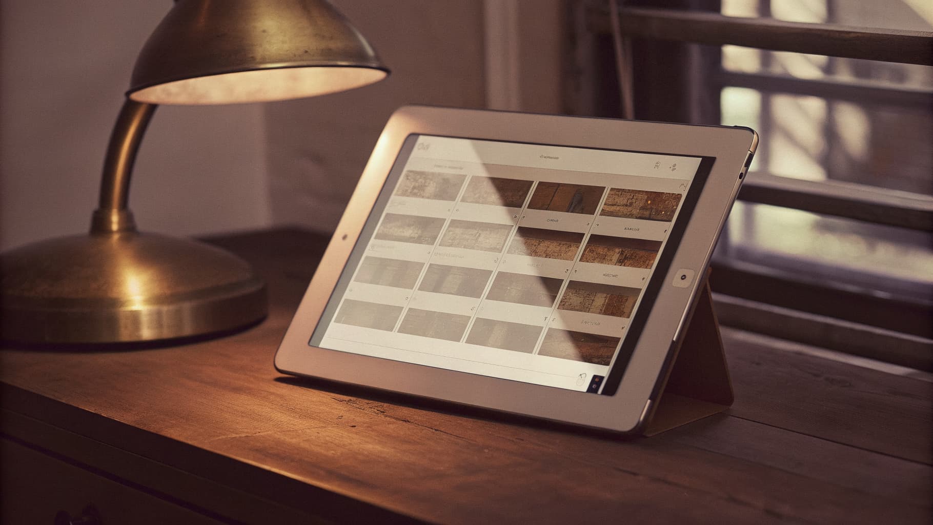 A tablet showing a settings screen glows on a dark wood desk beside a brass lamp, with a workshop visible through a window blurred in the background.