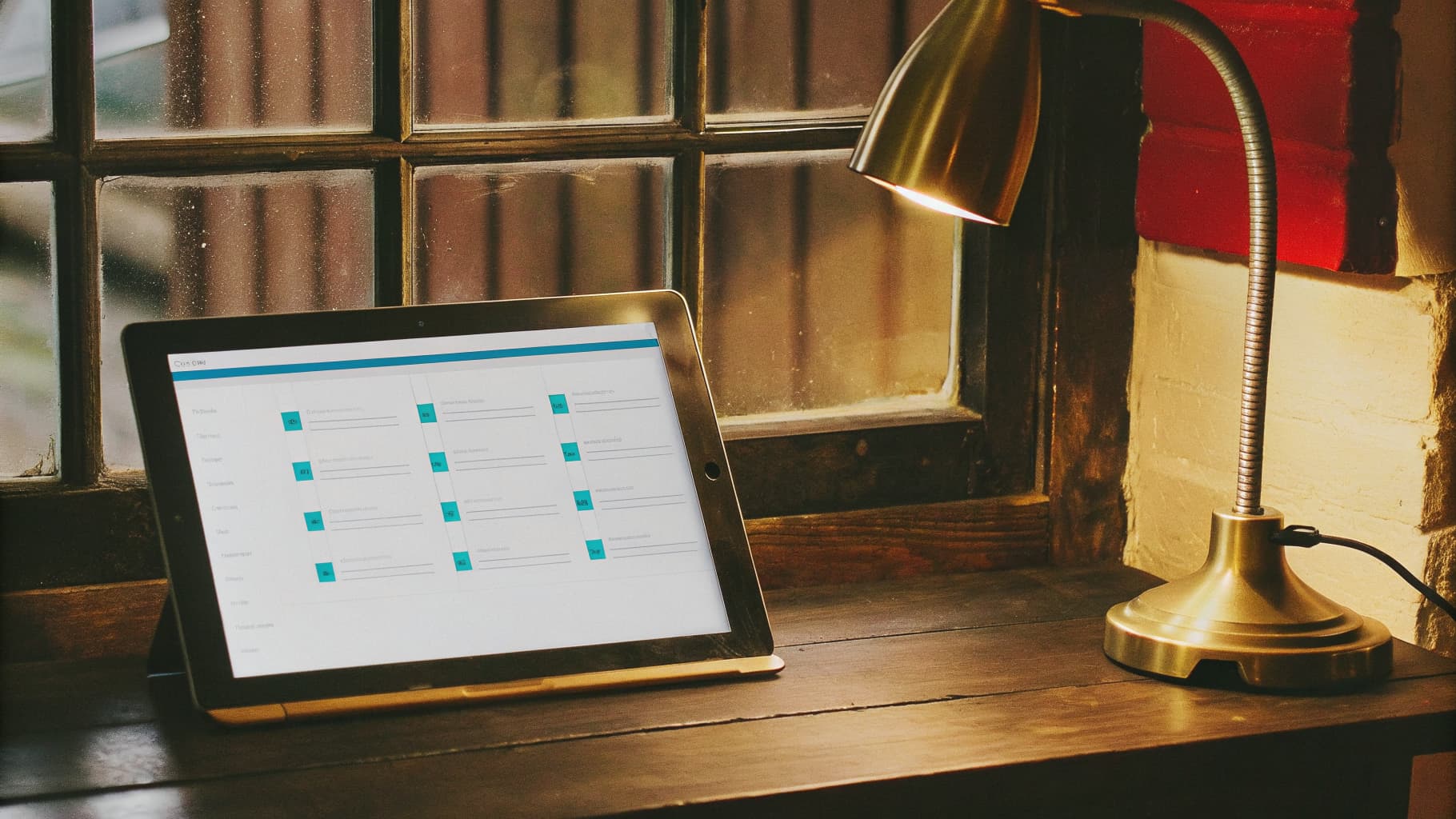 A tablet propped upright on a dark wood desk shows a checklist of process steps, lit by a warm brass desk lamp beside a window blurred in the background.
