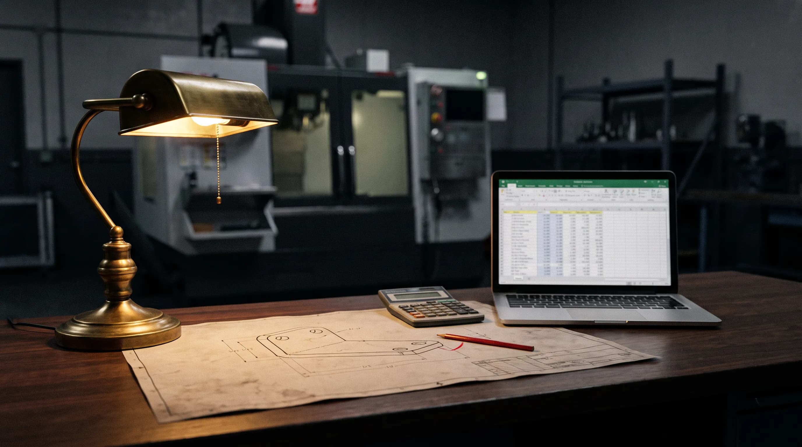 A printed drawing of a machined bracket with a red pencil mark, a calculator, and a laptop showing a blurred table of past jobs sit on a dark walnut desk under a brass lamp, with a CNC machine out of focus behind.