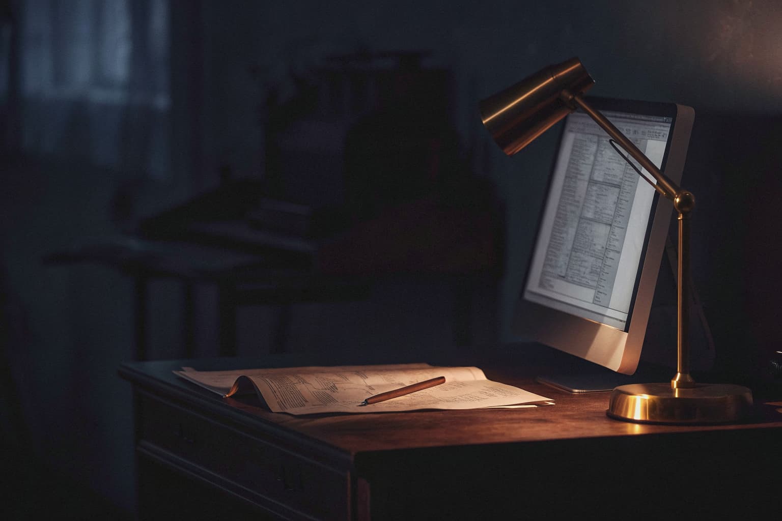 A job-costing screen glows on a desktop monitor beside an open quote sheet and pencil on a dark wood desk, lit by a warm brass desk lamp with a shop floor blurred in the background.