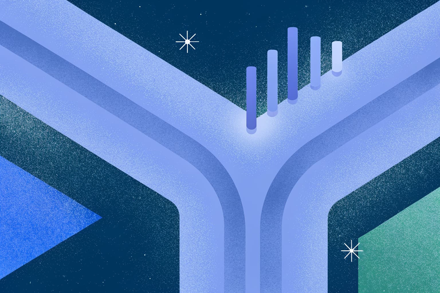 A single path branching into two directions, rendered as a glowing blue graphic on a dark navy background