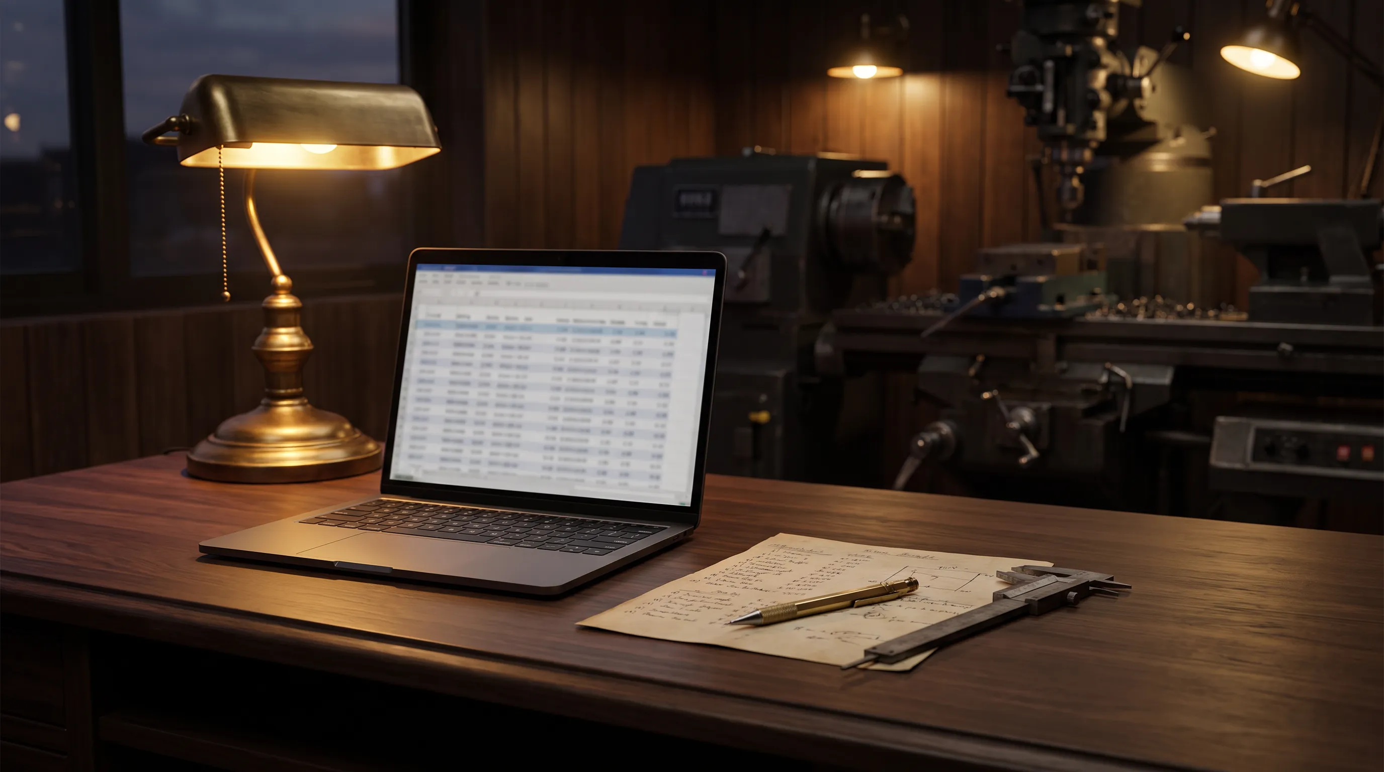 A laptop on a dark walnut desk shows a blurred table of rows and columns beside a printed parts list, a brass pen and a steel caliper, lit by warm brass light with a CNC machine out of focus behind.