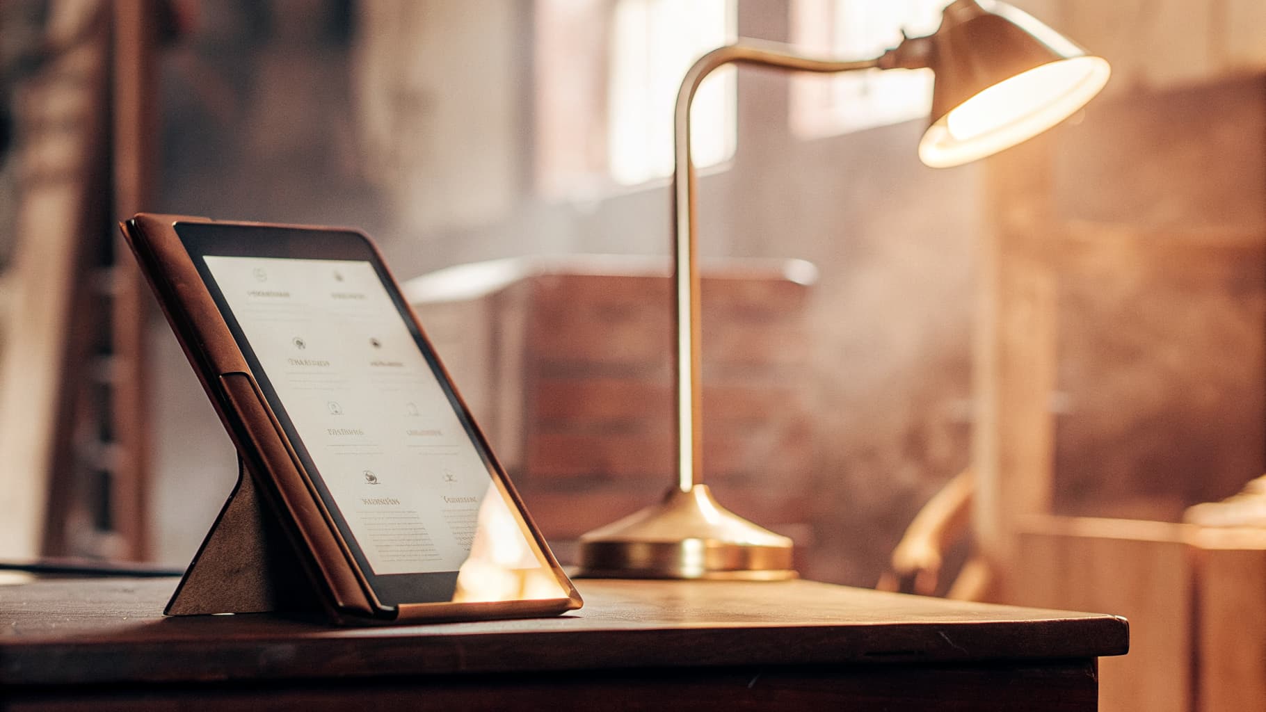 A tablet showing a checklist glows on a dark wood desk beside a warm brass lamp, with a workshop softly blurred in the background.