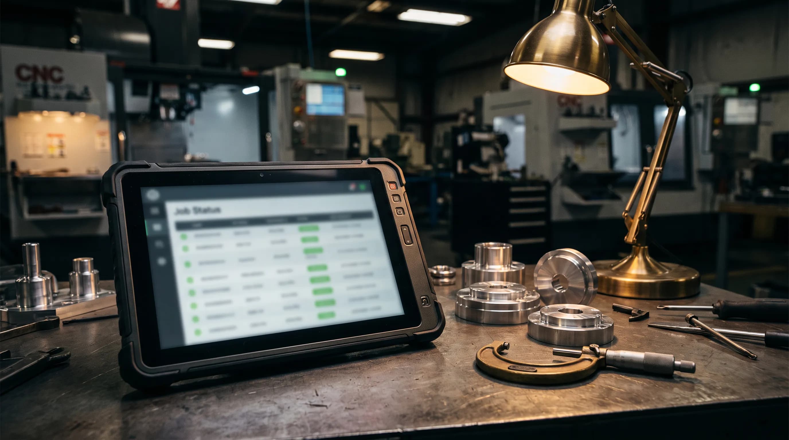 A rugged tablet showing a job status list rests on a steel workbench beside machined parts, lit by warm brass light with a dark machine shop blurred behind it.