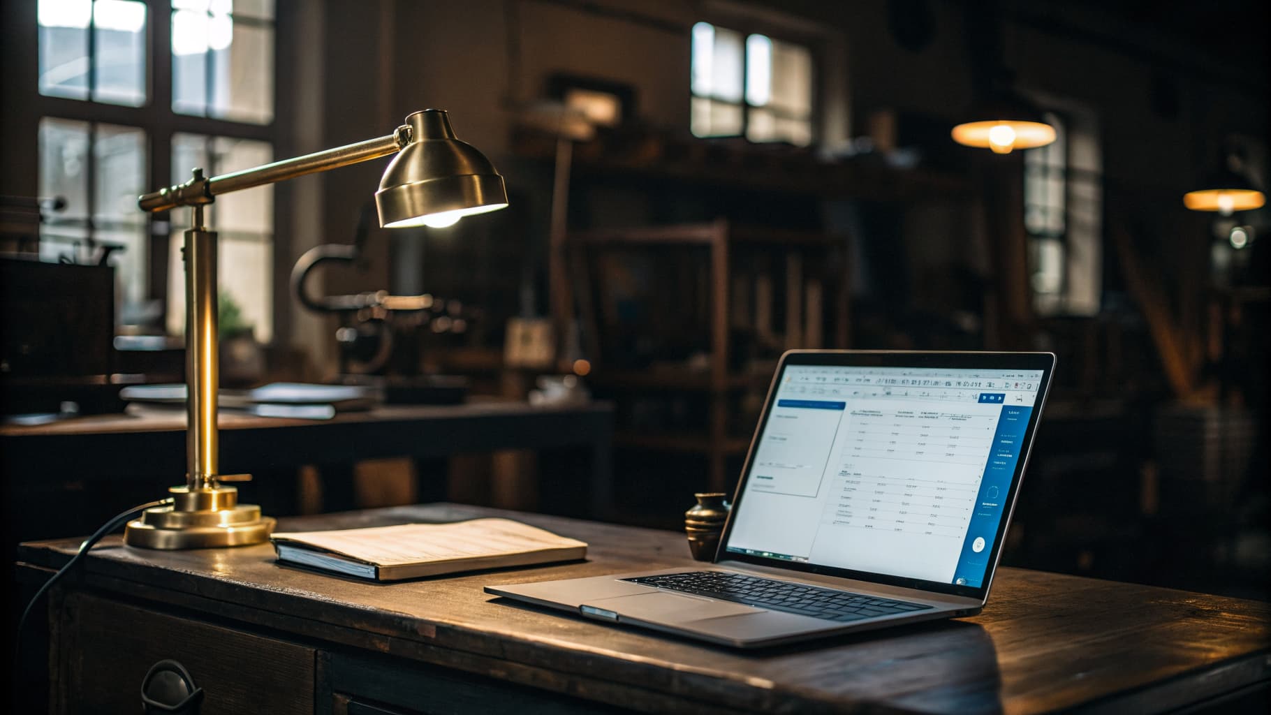 A laptop showing a report grid with a thin blue progress bar sits on a dark wood desk beside a brass lamp, with a machine shop blurred behind it.
